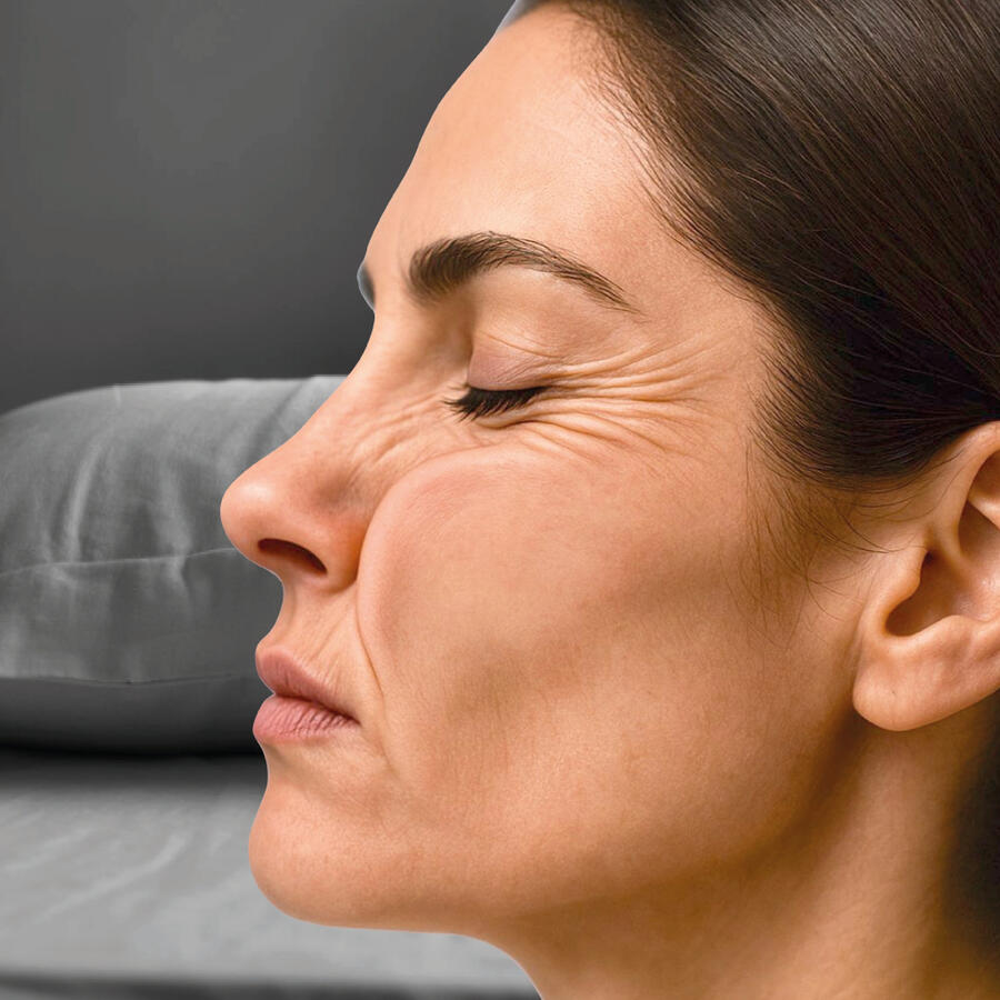 Image showing facial compression produced by a standard pillow, demonstrating the problem addressed by the patented dr.eam sleep-tech pillow, which is designed to reduce pressure on the skin during sleep.