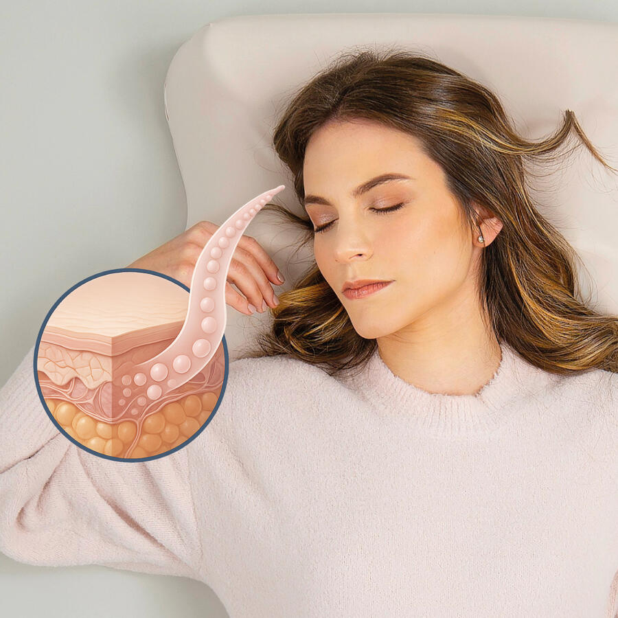 Image of the dr.eam sleep-tech pillow in use, showing reduced facial compression and compatibility with the microencapsulated skincare delivery system described in U.S. Patents 10,905,265 B1 and 11,992,639 B2.