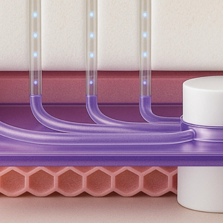 Diagram illustrating the internal pressure-activated microcapsule skincare delivery system described in U.S. Patent 10,905,265 B1 and U.S. Patent 11,992,639 B2, showing the layers and mechanism inside the dr.eam pillow.